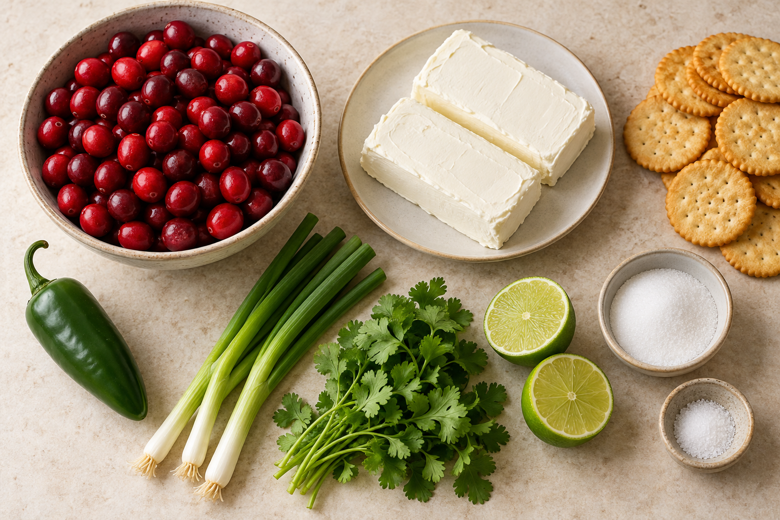 Fresh cranberries, cream cheese, jalapeno, scallions, cilantro, lime, sugar, salt, and crackers for cranberry dip