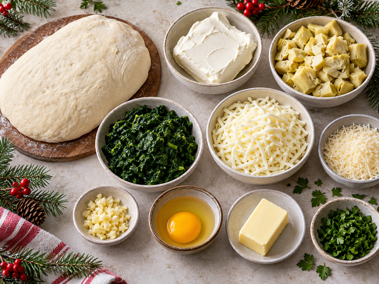 Ingredients arranged for Christmas tree pull apart bread