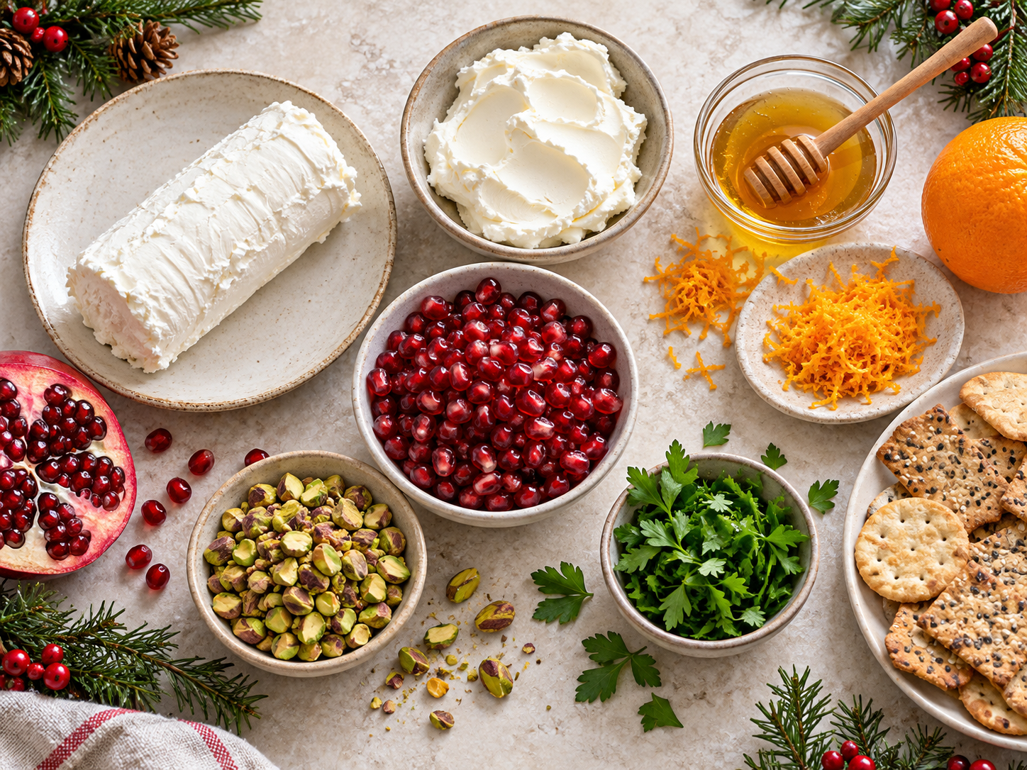 Ingredients arranged for pomegranate pistachio goat cheese log