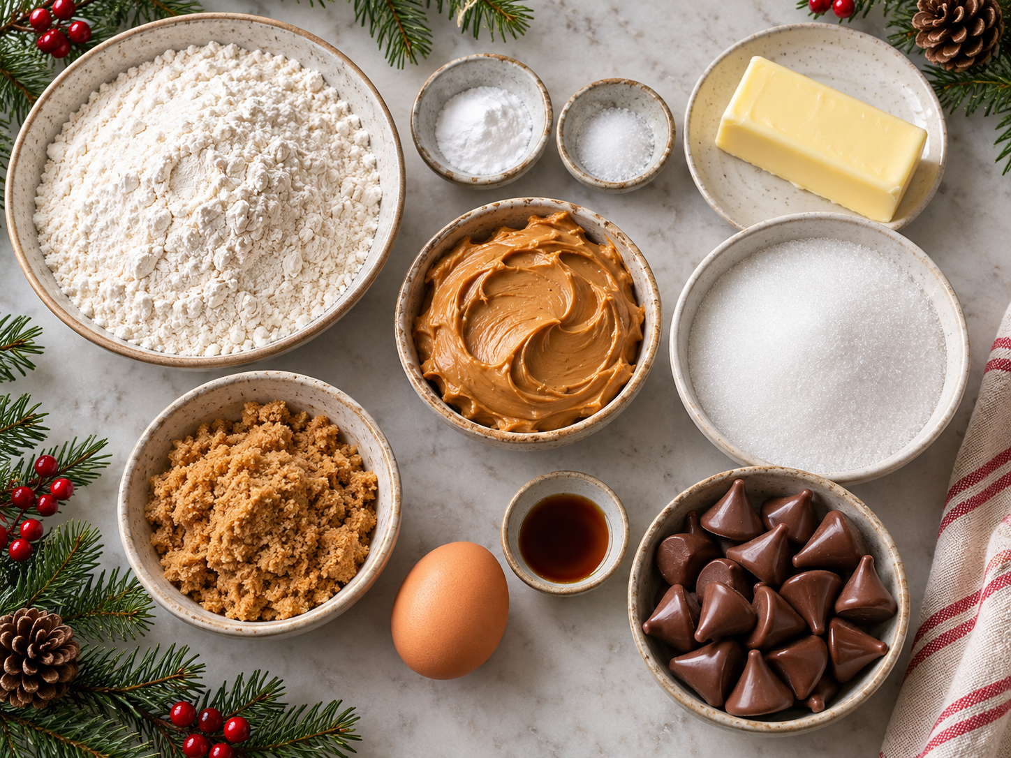 Ingredients arranged for peanut butter blossom cookies