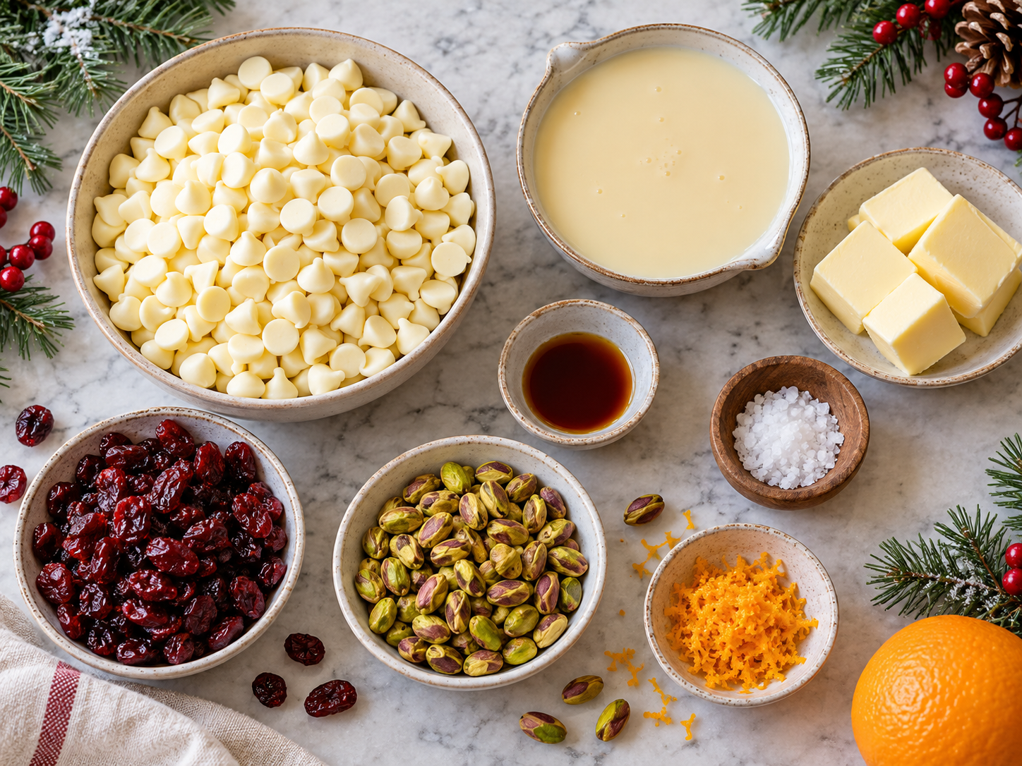 Ingredients arranged for cranberry pistachio fudge