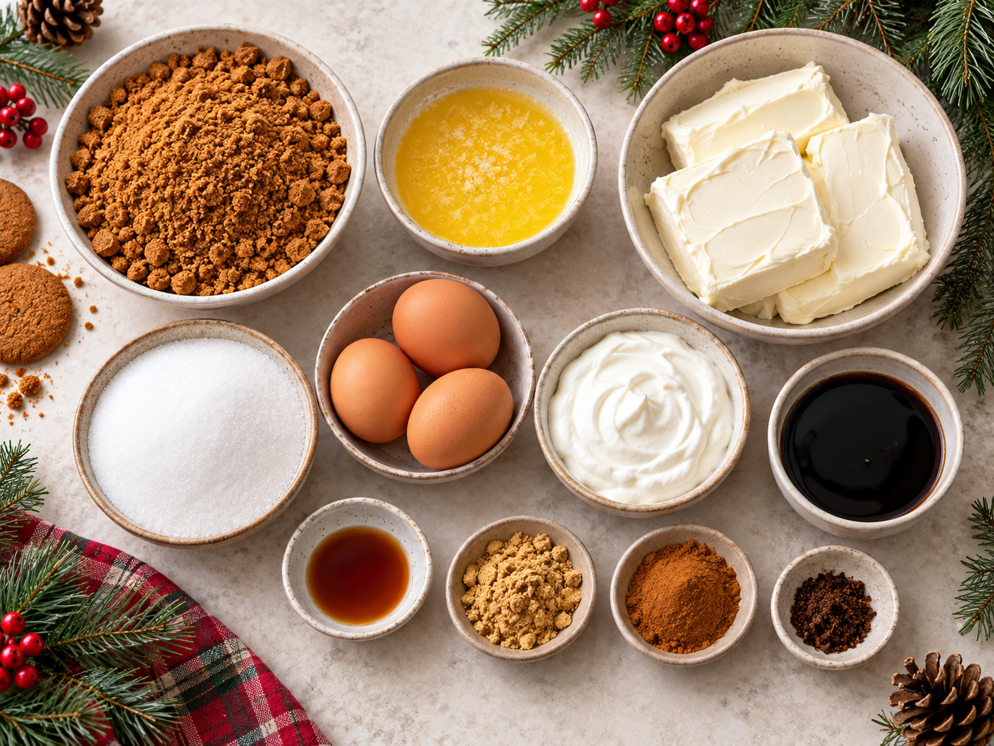 Ingredients arranged for gingerbread cheesecake bars