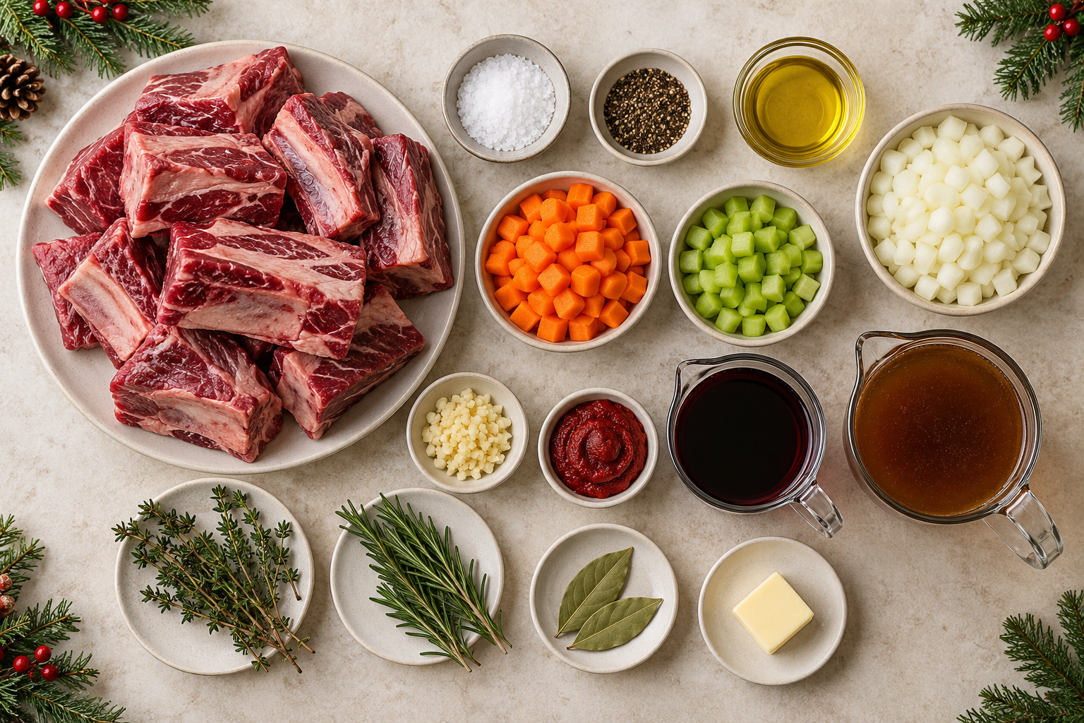 Ingredients arranged for red wine braised short ribs