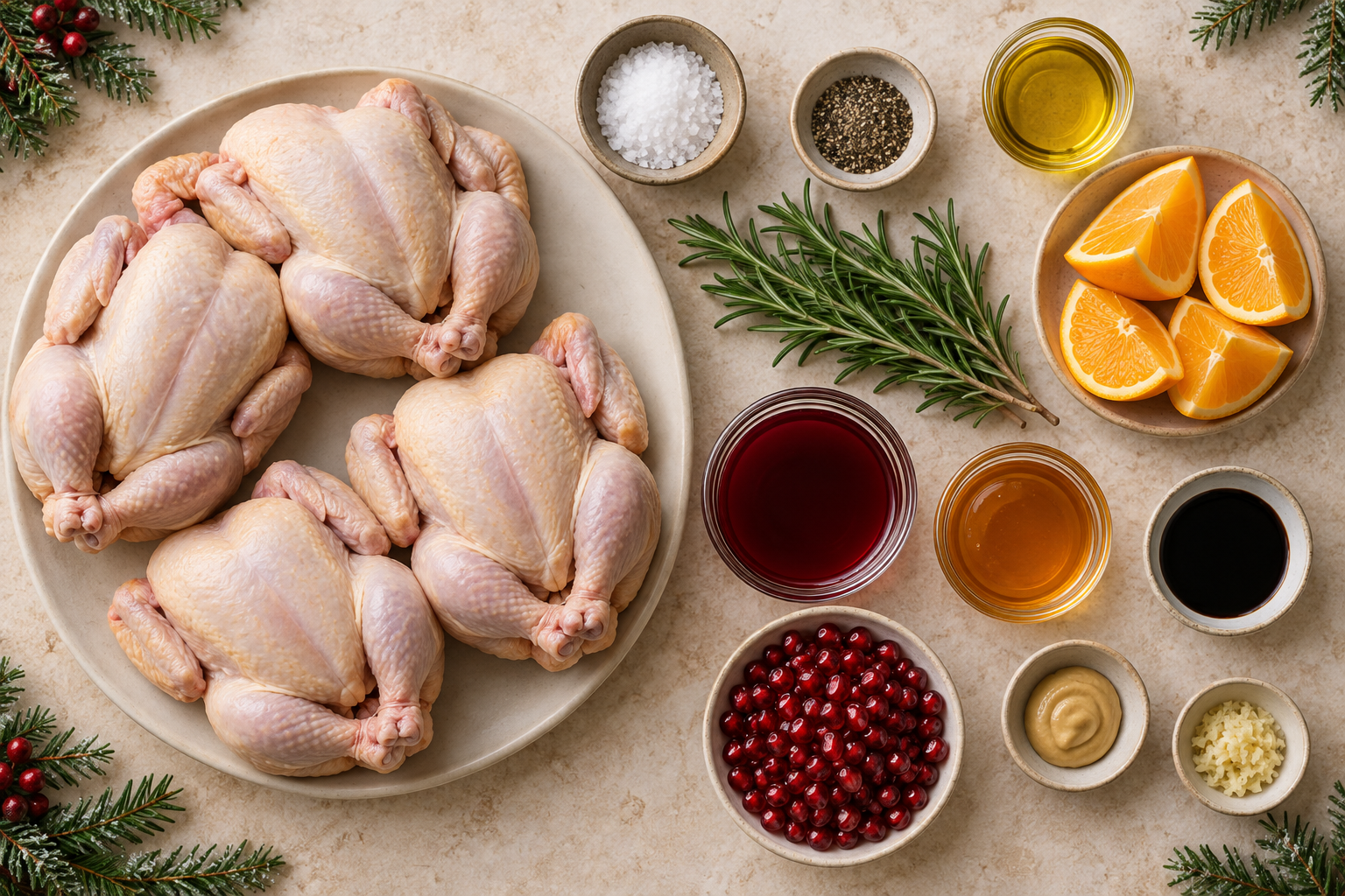 Ingredients arranged for pomegranate glazed Cornish hens