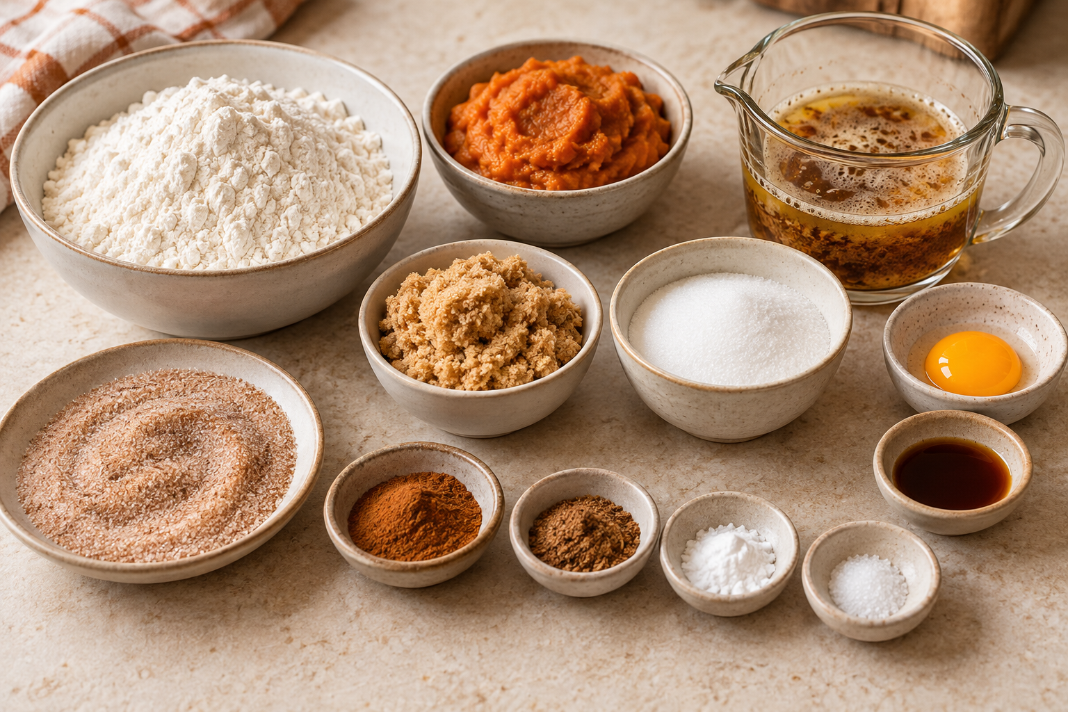 Flour, pumpkin puree, brown butter, sugars, egg yolk, vanilla, spices, and cinnamon sugar for pumpkin cookies