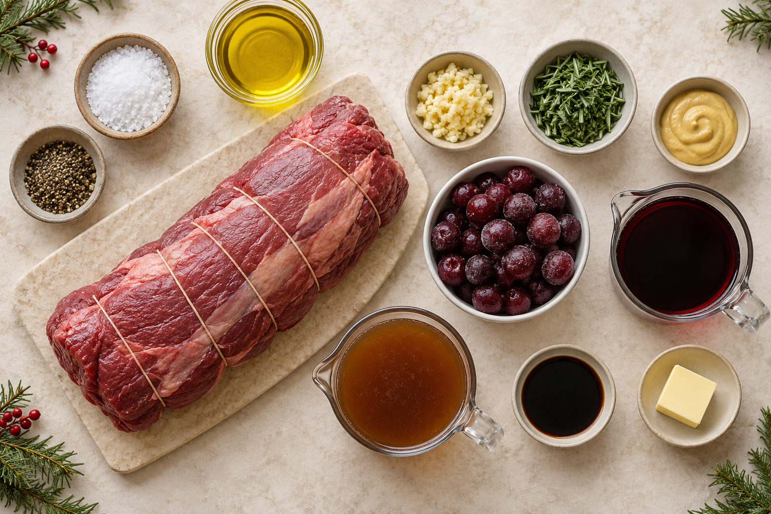 Ingredients arranged for beef tenderloin with cherry sauce