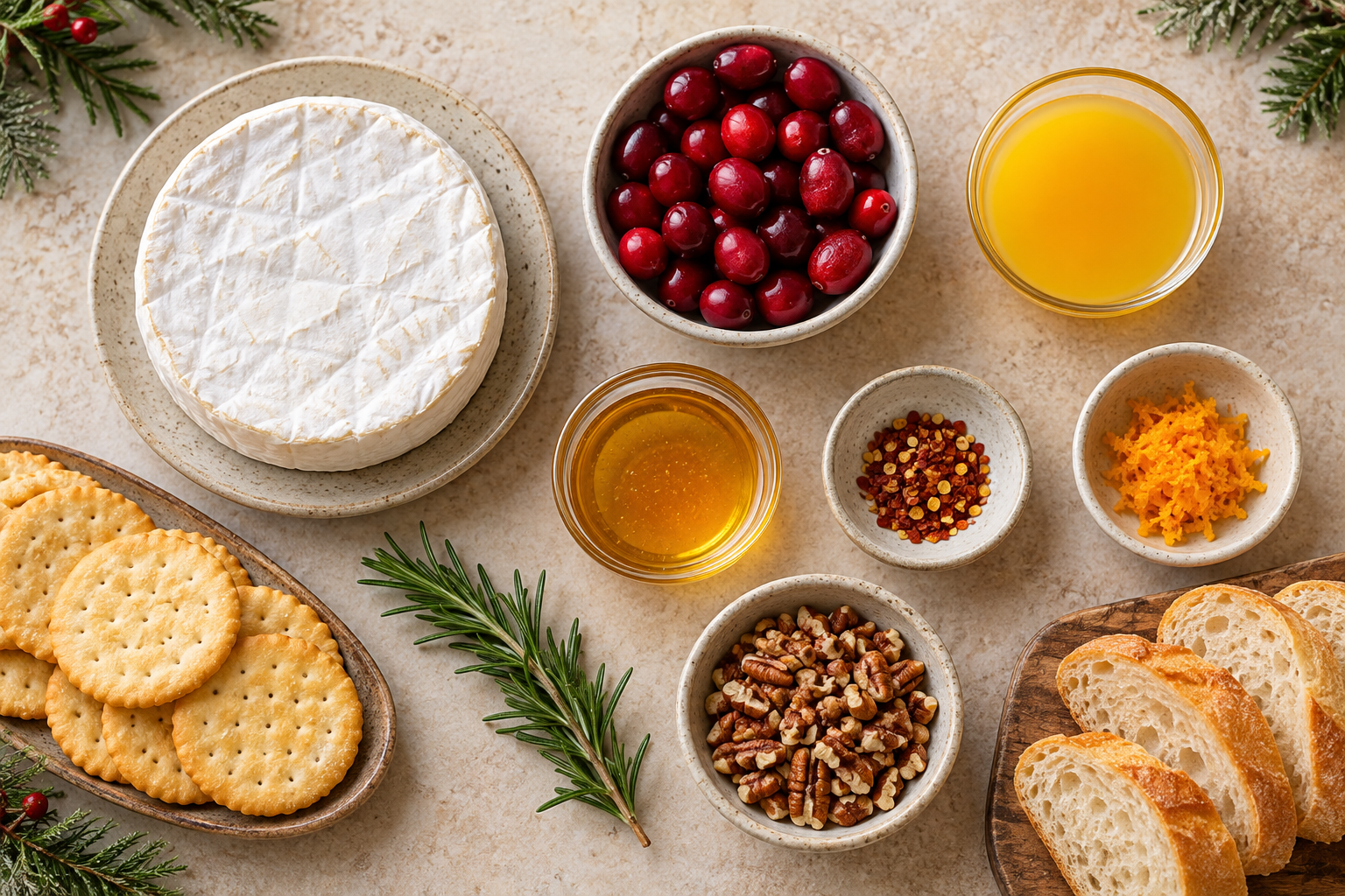 Ingredients arranged for hot honey cranberry baked brie