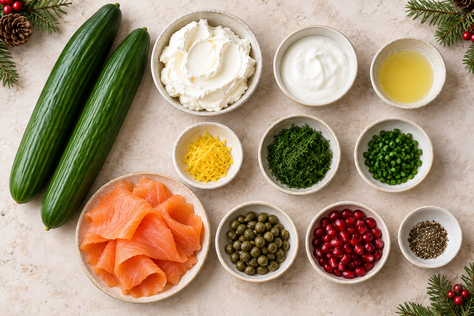 Ingredients arranged for smoked salmon cucumber bites
