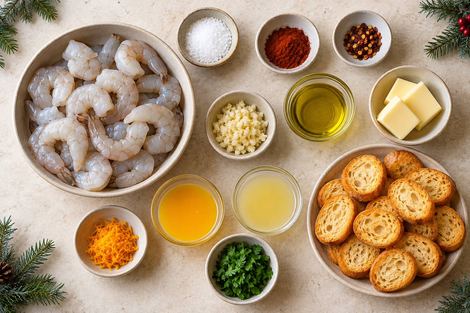 Ingredients arranged for garlic chili shrimp bites