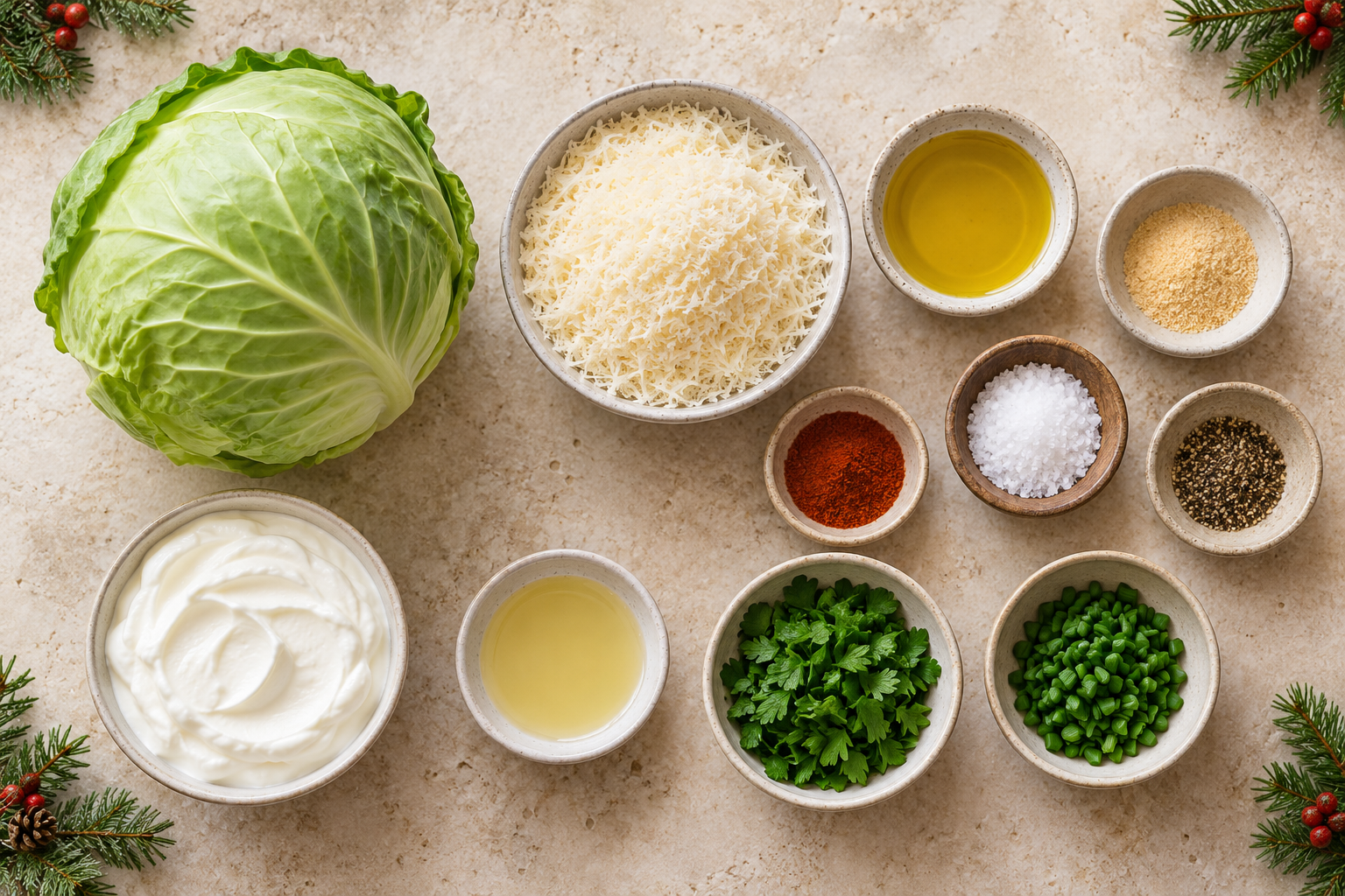 Ingredients arranged for crispy Parmesan cabbage bites