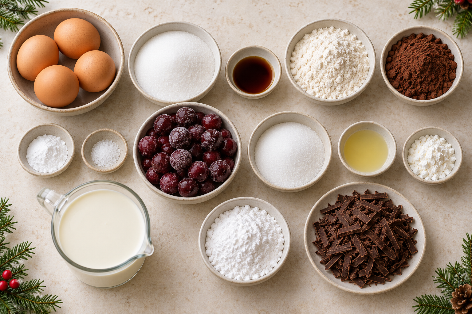 Ingredients arranged for Black Forest Yule log
