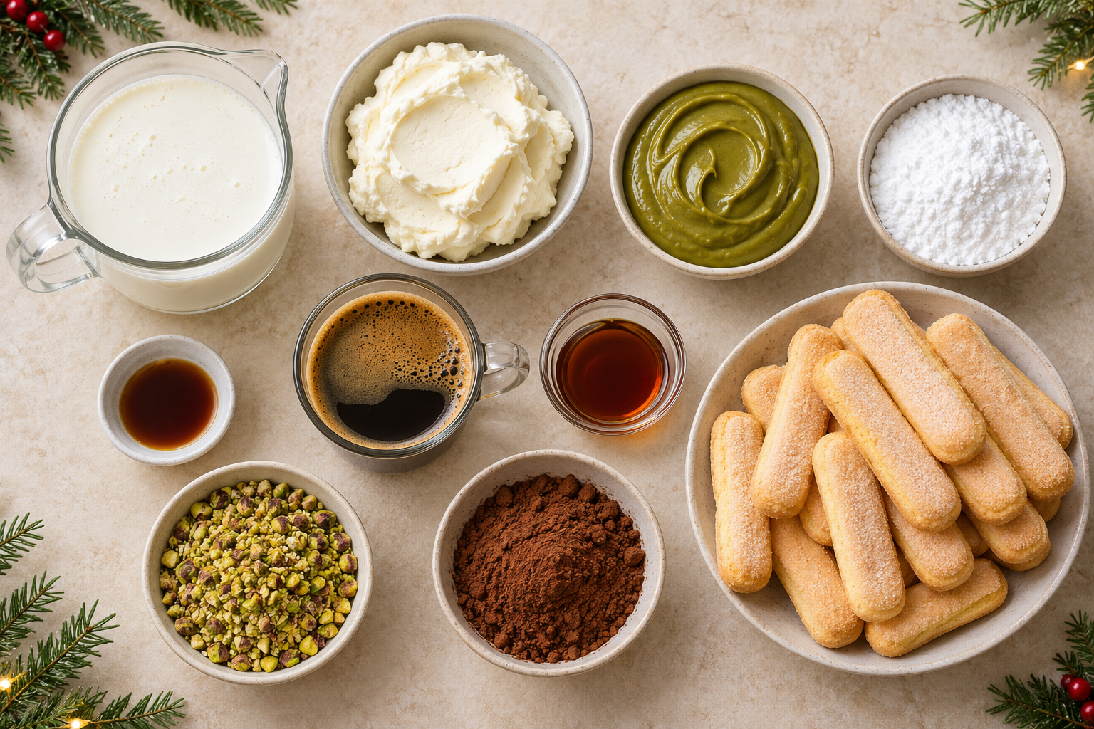 Ingredients arranged for pistachio tiramisu cups