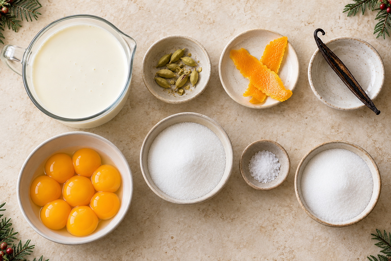 Ingredients arranged for orange cardamom crème brûlée