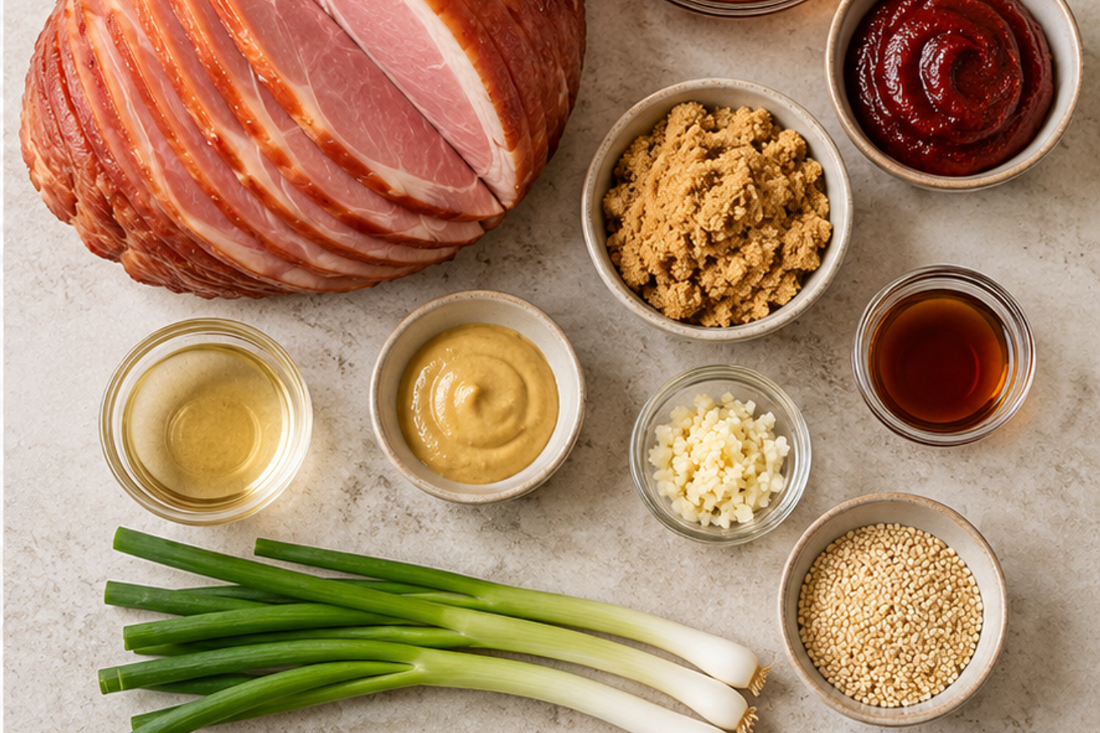 Ingredients arranged for gochujang maple glazed ham