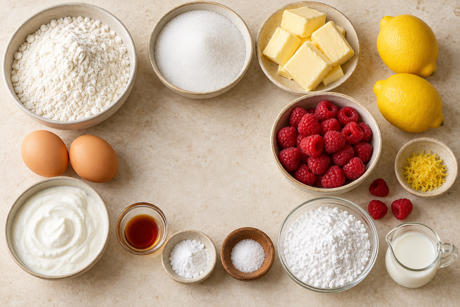 Measured ingredients for lemon raspberry loaf cake arranged on a cream countertop